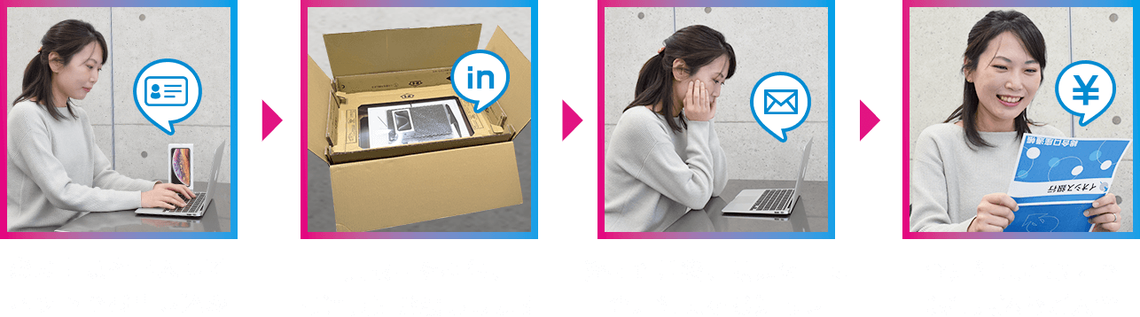 1,必要事項を記入してネットでお申し込み 2.買取品を梱包、配達員にお渡しします 3.弊社到着後、最短翌日に査定結果をお知らせ 4.査定結果ご承諾で銀行振込でご入金
